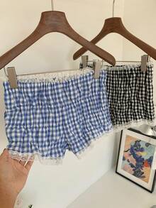 Comfortcana 2025新款极简主义秋季时尚女式休闲蕾丝边格纹短裤，夏季格子休闲女式沙滩短裤，夏季女式褶皱短裤，蕾丝边短裤 - 彩色 - 查看 3