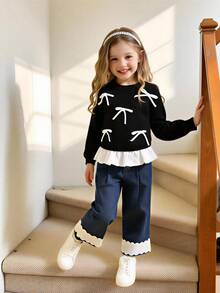 女婴毛衣 时尚可爱圆领长袖针织上衣，配有3D蝴蝶结、刺绣花卉下摆拼接，柔软舒适，适合春、秋、冬、日常、户外、旅行、度假、居家、托儿所等场合穿着。另有女婴黑白连衣裙、黑色连衣裙、白色领连衣裙、优雅女婴上衣、黑色女婴服装、女婴服装、黑色蝴蝶结女婴服装、婴儿针织衫等。 - 黑色 - 查看 1