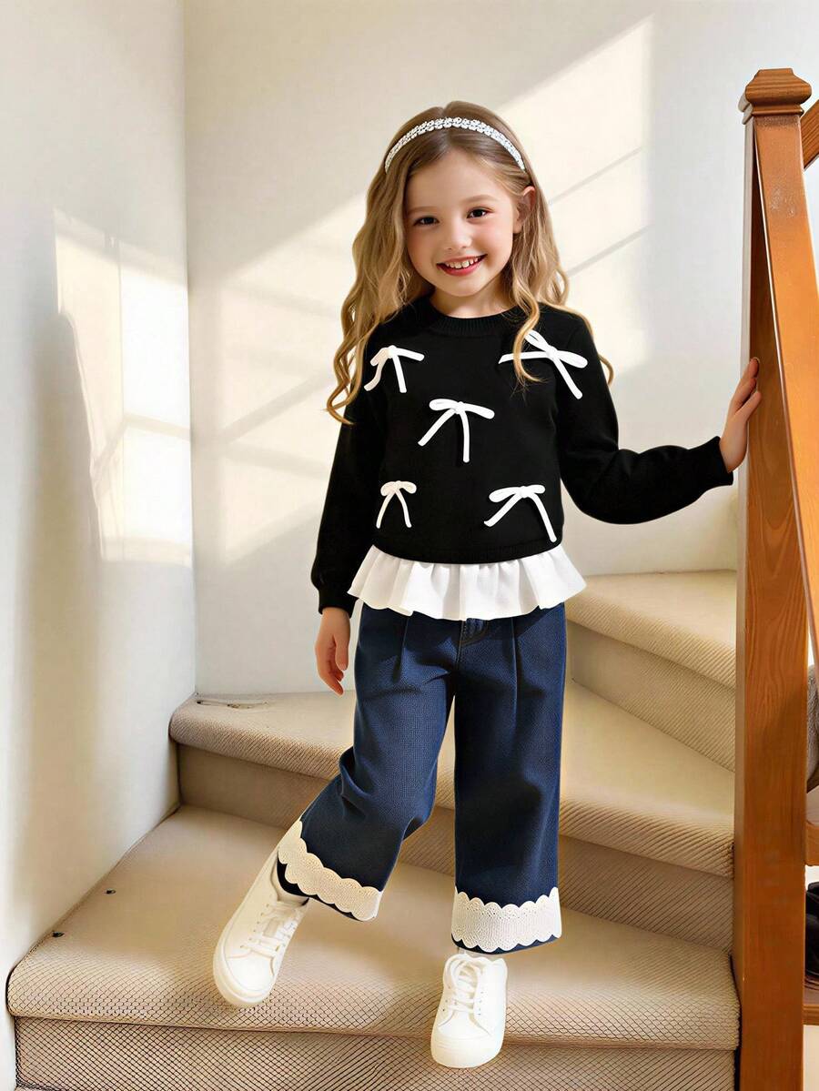 女婴毛衣 时尚可爱圆领长袖针织上衣，配有3D蝴蝶结、刺绣花卉下摆拼接，柔软舒适，适合春、秋、冬、日常、户外、旅行、度假、居家、托儿所等场合穿着。另有女婴黑白连衣裙、黑色连衣裙、白色领连衣裙、优雅女婴上衣、黑色女婴服装、女婴服装、黑色蝴蝶结女婴服装、婴儿针织衫等。 - 黑色 - 查看 1