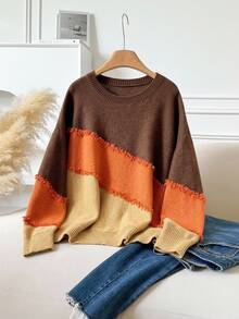 CosyJoli Suéter de cuello redondo informal con bloque de color, bigote de gato y flecos, talla grande, ropa de otoño e invierno para mujeres - Café integral - Ver 1