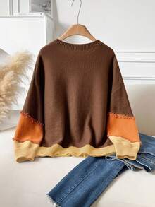 CosyJoli Suéter de cuello redondo informal con bloque de color, bigote de gato y flecos, talla grande, ropa de otoño e invierno para mujeres - Café integral - Ver 2