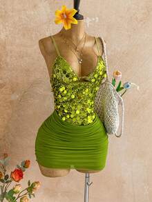 Soleia Women's Sequin Embellished Slim Fit V-Neck Mini Dress - Green - View 3