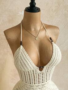 Soleia 性感细肩带 V 领镂空木珠装饰紧身连衣裙，度假细肩带系带渐变色针织连衣裙，适合度假、约会、下午茶、音乐节、波西米亚风 - 杏色 - 查看 5