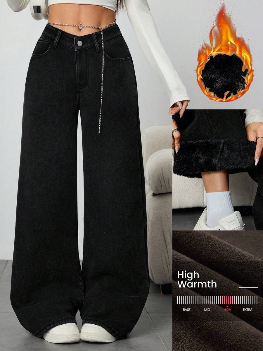 SHEIN ICON Quần jeans denim lưng thấp dáng chữ V lót nhiệt ấm áp cho nữ mùa đông - màu đen - Xem 1