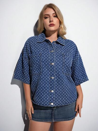 Maija 大码女式落肩单排扣口袋休闲宽松牛仔上衣