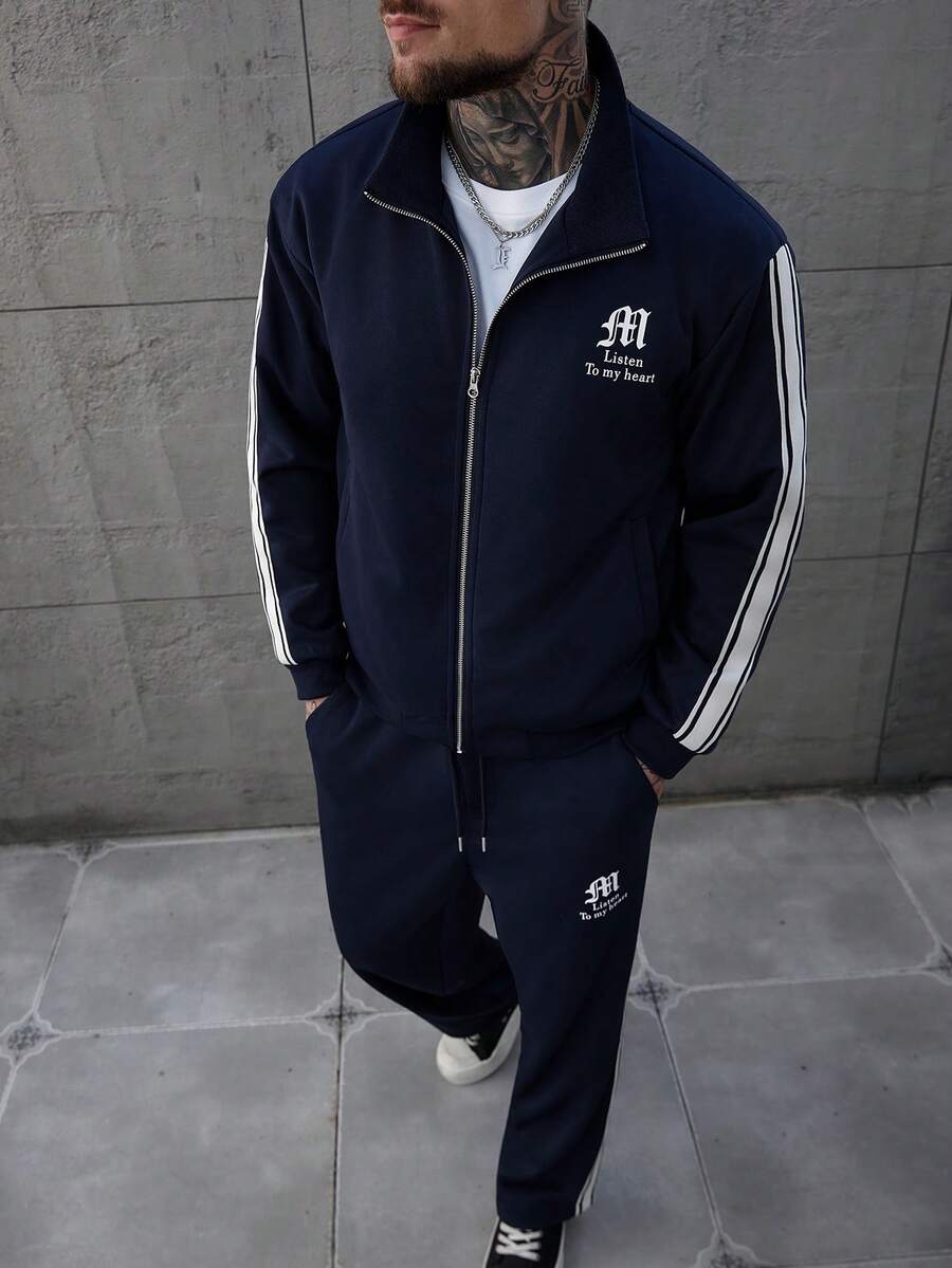 SLATEMANN Mature Casual, Webbing, Letter Print Navy Blue Men's Jacket Set Men S Jogging Set Men S Track Suit Men 2 Piece Set Men S Sweat Suit Set Men 2 Piece Set Big An Tall