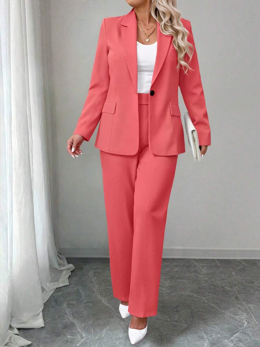 SHEIN Clasi Bộ đồ đi làm thường ngày cho nữ cỡ lớn, màu trơn, ve áo dài tay, cài nút đơn, cổ bẻ, quần dài, mùa thu - Màu Hồng Dưa hấu - Xem 1