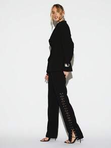 KIZN Quần Palazzo ống rộng buộc dây có lỗ cài bên hông, quần dài cạp cao thời trang thường ngày - màu đen - Xem 3