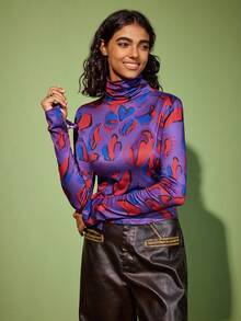 Felipe Marques Maglietta a collo alto a maniche lunghe con stampa floreale da donna, casual per l'autunno/inverno e le vacanze - Viola - Visualizzare 3