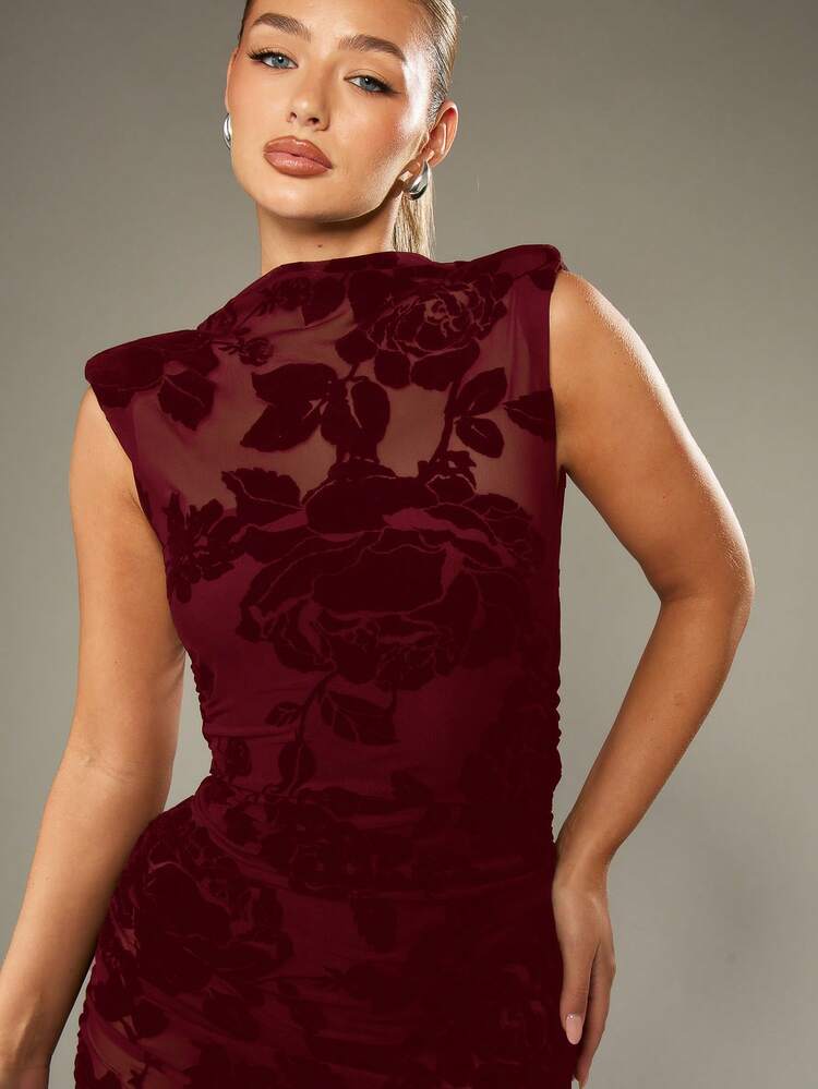 MISSGUIDED Elegant Sleeveless Mock Neck Maxi Dress With Velvet Rose Floral Pattern For Evening Party Events