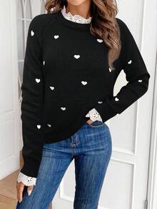 Serisse Áo len nữ thêu hình trái tim, chắp vá và tay áo raglan, áo dài tay, áo len đan cho mùa thu/đông - màu đen - Xem 5