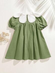 Cozy Pixies Baby Girl Floral Print Ruffle Collar Puff Sleeve Dress Green Baby Girl Dress Baby Girl Spring Dress Drees Oliv Green Baby Girl Spring Olive Green Baby Girl Dress Dresses Olive Green Baby Girl Green Babygirl Dress - Green - View 2