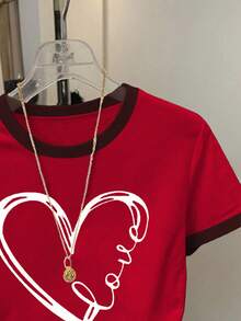 Resyla 女士宽松休闲圆领爱心印花T恤 - 紅色 - 查看 3