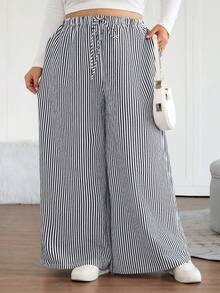 SHEIN CURVE+ Quần ống rộng kẻ sọc cạp chun co giãn cỡ lớn cho nữ, quần ống rộng kẻ sọc thường ngày cho công sở/2026/Năm mới - Đen và trắng - Xem 5