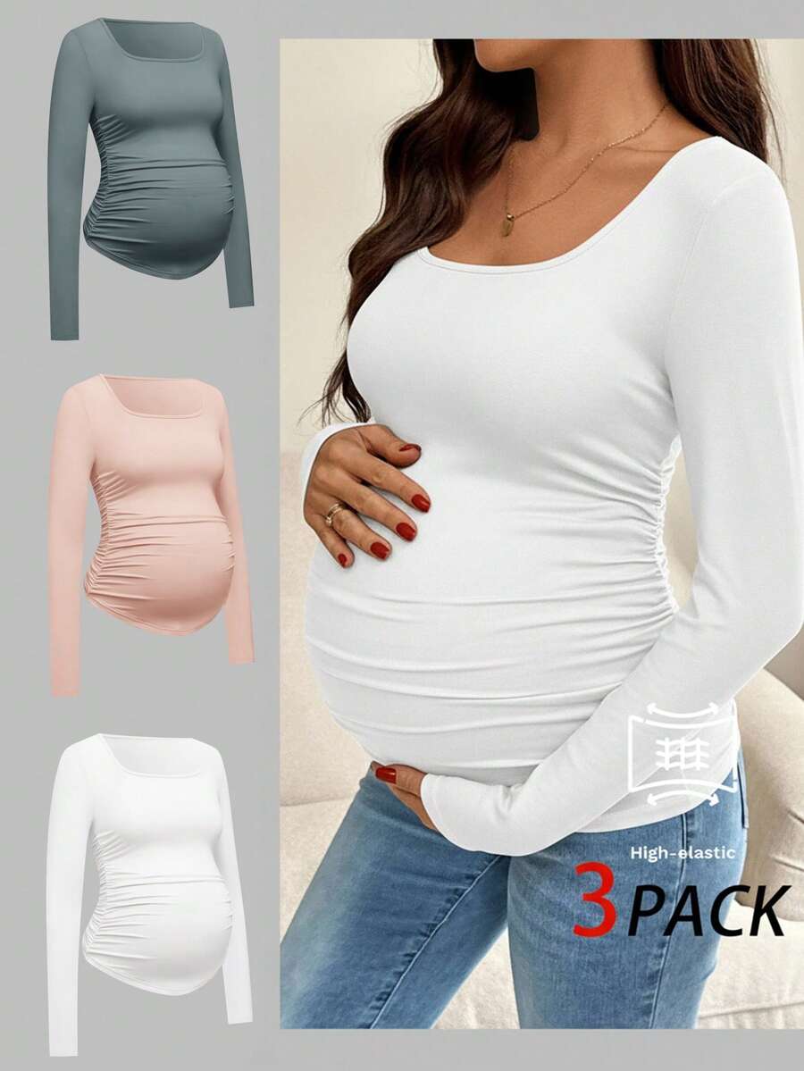 SHEIN 孕妇纯色简约长袖T恤，日常孕妇装 - 淺粉色 - 查看 1