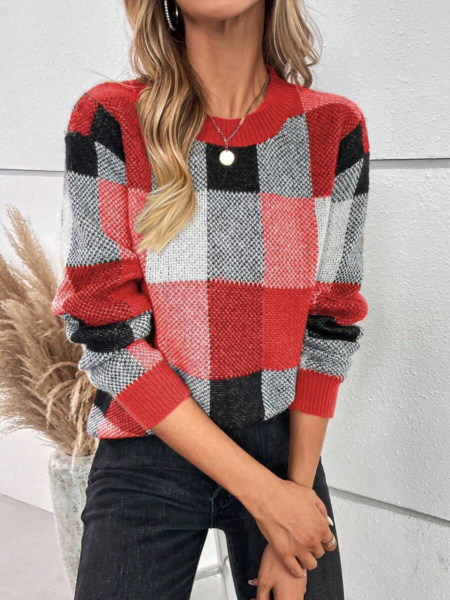 EMERY ROSE 女士圆领格子条纹宽松休闲套头毛衣 - 紅色 - 查看 1