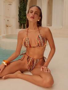 Swim Chiccia 女士泳衣两件套，性感优雅浪漫针织亮片挂脖系带泳装，女士度假装，女士精致优雅沙滩泳装套装 - 棕色 - 查看 6