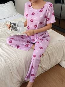 SHEIN 两件套性感少女粉色蝴蝶结和红色嘴唇印花短袖睡衣套装 - 彩色 - 查看 5