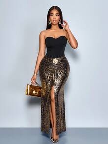 SOLERSUN Women's Elegant Brown And Gold Leopard Print Maxi Skirt,Metal Decor Waist Twist Slit High-End Metallic Texture,Autumn Hot Seductive Night Party - Black - View 3