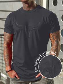 Manfinity LEGND 男士公牛图案休闲百搭圆领短袖T恤，夏季 - 深灰色 - 查看 1