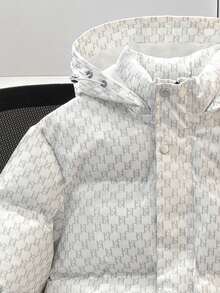 Manfinity Joysei 男士全印花连帽短款夹棉大衣，冬季保暖白色拉链大衣，秋季 - 白色 - 查看 4