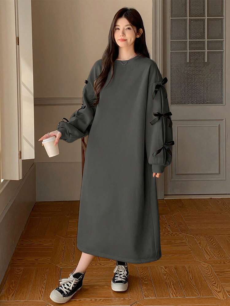 Women's Autumn/Winter Bow Decor Sweatshirt Midi Dress