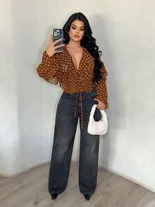 SHEIN SXY Fashionable Commuter Coffee Brown Polka Dot Ruffle Trim Shirt,Vacation,Brown ,Valentine's Day ,Going Out, Sexy Blouse For Women, Brown Blouse, Coffee Brown Top, Polka Dot Shirt, Pokadot Top - Coffee Brown - View 5