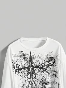 ROMWE Grunge Punk Women's Punk Cross Distressed Print Pullover Sweatshirt - White - View 4