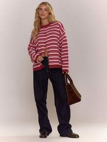 MUSERA Button Through Oversized Stripe Knit Cardigan Cute Cool Girl Cosy Winter Everyday Clean Girl Casual Cottage Core Old Money Butterscotch Evening Party Elegant Spring - Burgundy - View 3