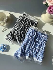 Comfortcana 2025新款极简主义秋季时尚女式休闲蕾丝边格纹短裤，夏季格子休闲女式沙滩短裤，夏季女式褶皱短裤，蕾丝边短裤 - 彩色 - 查看 4