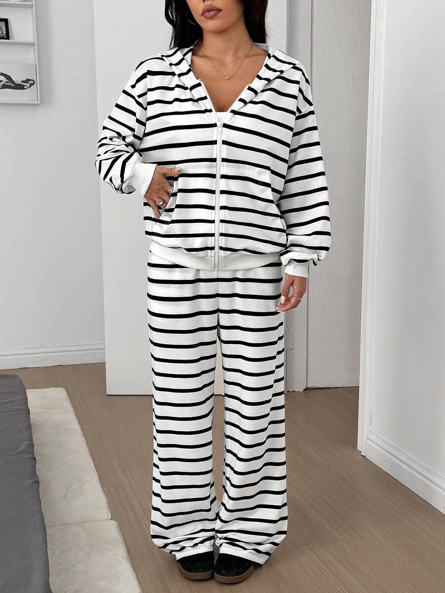 SHEIN EZwear 女士落肩拉链黑白条纹针织连帽衫和裤子休闲运动套装 - 白色 - 查看 1