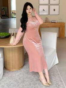 Dazy Plus Bodycon Partykleid für Damen in Große Größen mit Samt-Kontrast-Spitze, sexy und dehnbar für Dates, elegante Damenkleider für den Abschlussball - Pink - Übersicht 7
