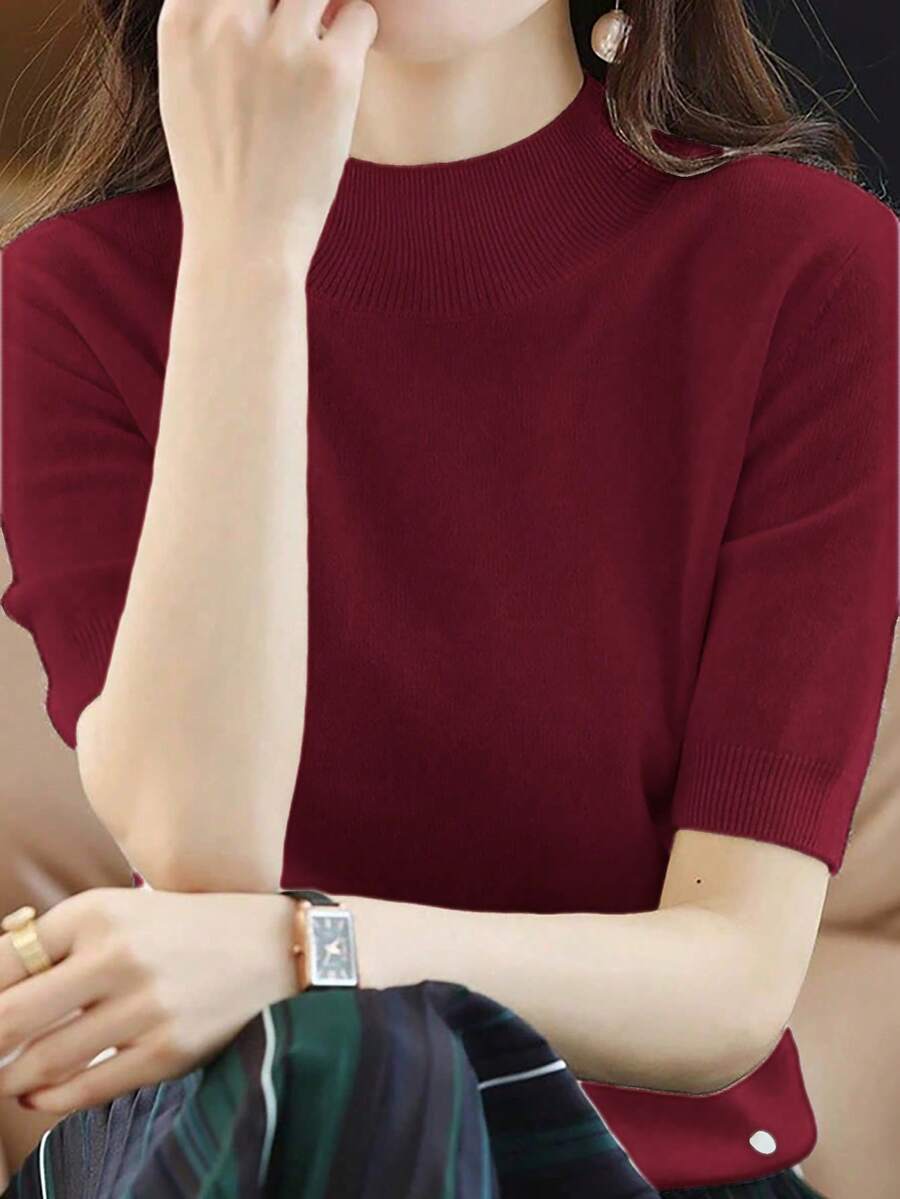 EMERY ROSE 纯色高领优雅通勤时尚短袖针织上衣 - 酒紅色 - 查看 1