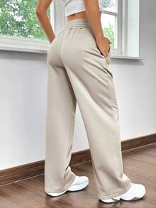 SHEIN EZwear 女士针织休闲宽松直筒运动裤，杏色 - 杏色 - 查看 2