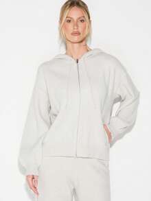 KIZN Oversized Zip-Up Hooded Cardigan With Long Sleeves And Ribbed Knit Texture For Casual Layering - Grey - View 5