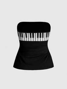 ROMWE Grunge Punk Plus Size Y2K Millennium Piano Keyboard Print Cropped Camisole Top - Black - View 4