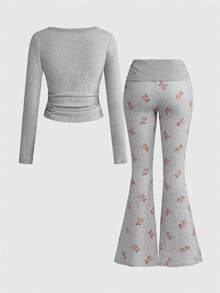 ROMWE J-Fashion 可爱小鹿刺绣蕾丝上衣搭配小鹿印花喇叭裤，秋冬装扮 - 淺灰色 - 查看 2