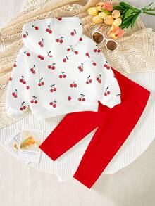 SHEIN Playful Pals 2件組女嬰0-3歲甜美櫻桃印花連帽衛衣與內搭褲套裝，白色與紅色，秋季可愛度假休閒時尚穿搭套裝 - 彩色 - 查看 3