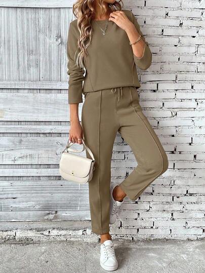 SHEIN PETITE 2pcs Women Long Sleeve Sweatshirt & Pants Set, Sweatshirt Top With Drawstring Hoodie, Elastic Waist Pants