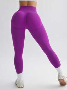 Core Rhythm Damen einfarbige Leggings mit hoher Taille und nahtlosem Design, geeignet für tägliches Fitness-Yoga - Rot-violett - Übersicht 3