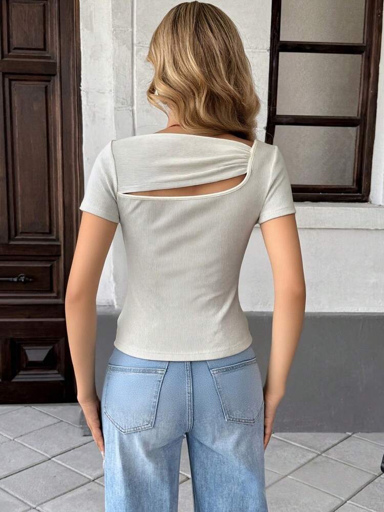 Women's Summer Solid Color Asymmetrical Collar Hollow Out Slim Fit Casual T-Shirt