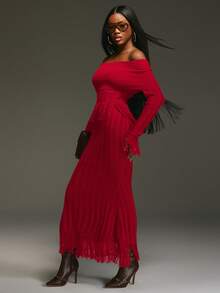 NYA SZN Dress Knit Fringe Bold Sexy Classy ModestY2K Vintage Look Suitable For Commuting Oufits For Women - Red - View 3