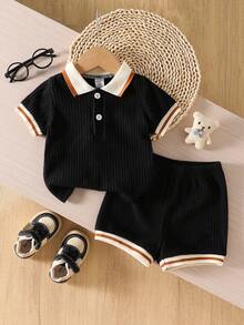 SHEIN Vintaside Kids 2件組男嬰黑色條紋POLO衫上衣與短褲套裝，柔軟羅紋面料幼童夏季休閒紳士風家庭穿搭，6個月-3歲 - 黑色 - 查看 11