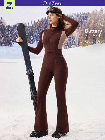 OutZeal Women Winter Thermal Outdoor Jumpsuit Christmas Outfit Skiing Daily Quick-Drying Soft Brushed Lined Front Zip Up With Pocket