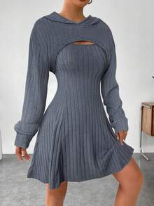 SHEIN EZwear 女士纯色长袖连帽上衣（前短后长下摆）和无袖连衣裙休闲两件套 - 灰色 - 查看 5