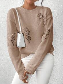SHEIN LUNE Crew Neck Pullover Autumn/Winter Top, Pink Butterfly Beaded Embroidery Sweater - Camel - View 4
