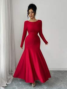 Selianne 2025 Red Autumn Elegant Dining Dress Women's French Style High Elasticity Knit Ruched Split Crew Neck Fitted Vintage Formal Party Wear - Burgundy - View 7