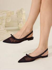 CUCCOO CHICEST 女士时尚优雅波点蝴蝶结装饰平底鞋，通勤必备 - 黑色 - 查看 4