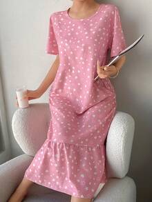 SHEIN Women's Romantic & Fresh Star & Heart Print Loose Knit Ruffle Hem Long Nightgown - Pink - View 5
