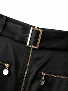 Franclia 黑色金色双拉链口袋优雅女士半身裙 - 黑色 - 查看 8